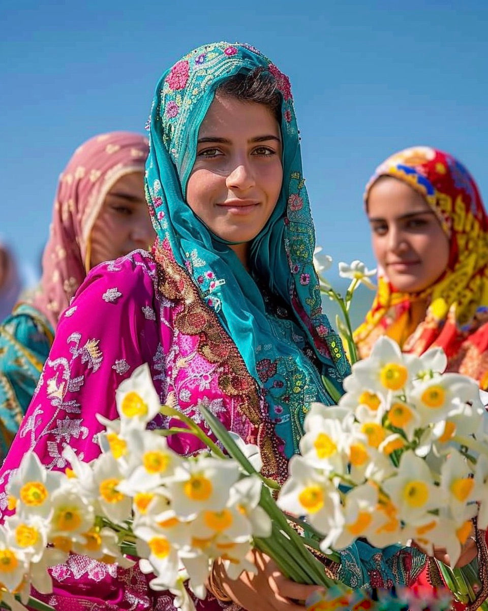 Jeunes femmes en tenues traditionnelles persanes colorées tenant des bouquets de narcisses de Shiraz, Iran
