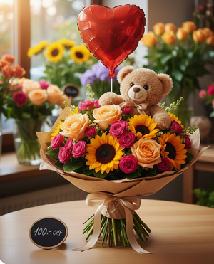 BE HAPPY - Bouquet de saison, ballon et peluche | Blue Flowers | Lausanne