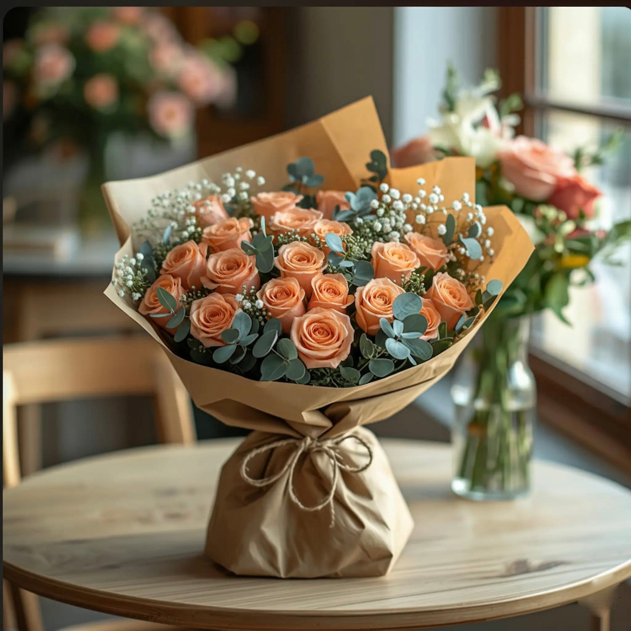 Bouquet de Roses Pêche & Gypsophile 
