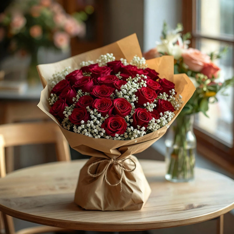 Bouquet de Roses Rouges & Gypsophile | Livraison Lausanne | Blue Flowers